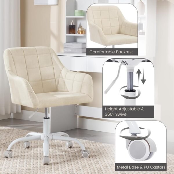 WOLTU Schreibtischstuhl drehbar, Schminktisch Stuhl, Drehstuhl mit Rollen, Bürostuhl ergonomisch, Sessel höhenverstellbar, für Home Office, Schlafzimmer, Büro, Samt, Creme+weiß, BS165cm - Image 7
